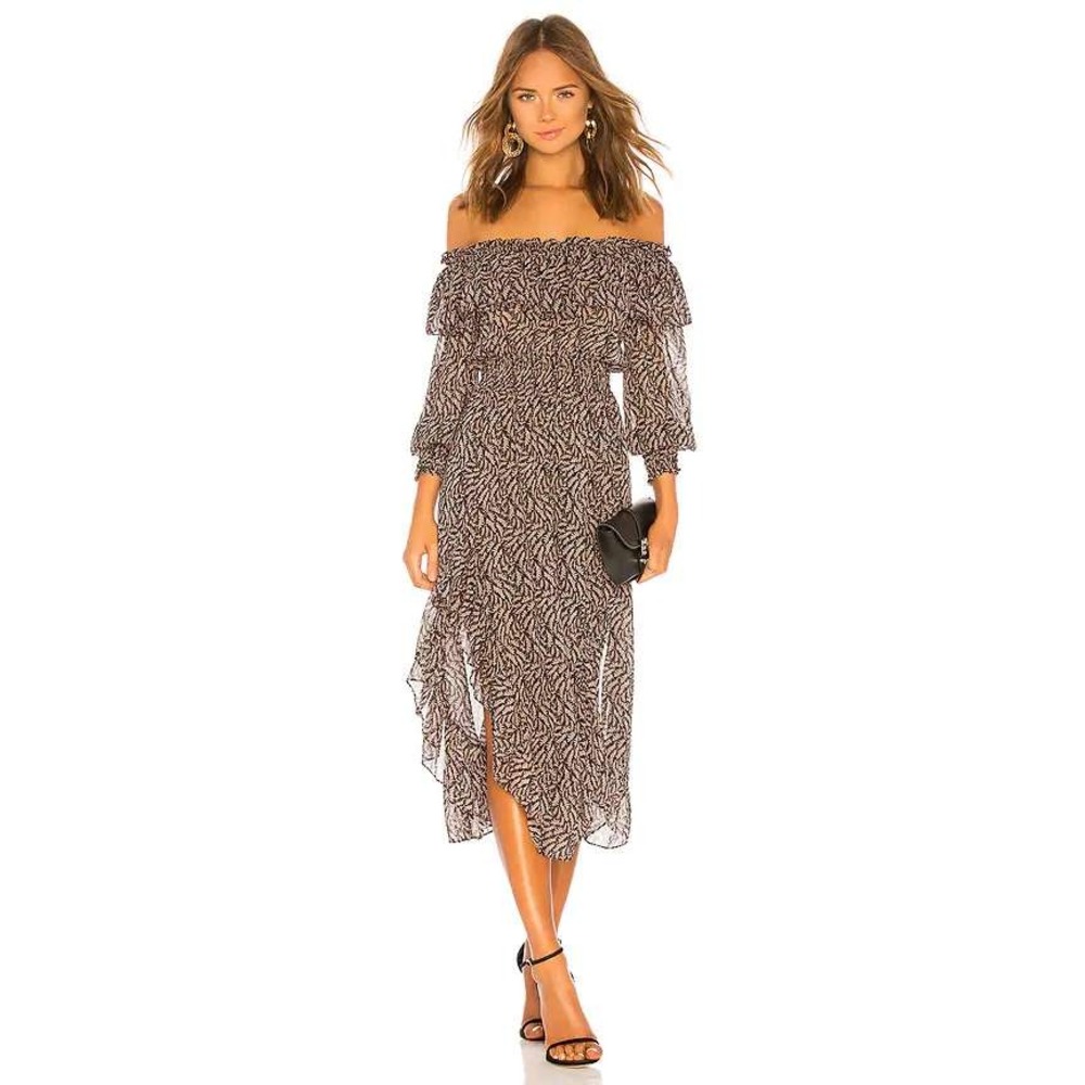 MISA Los Angeles Begonia Dress Black White Leaf Off Shoulder Smocked Midi‎ Small